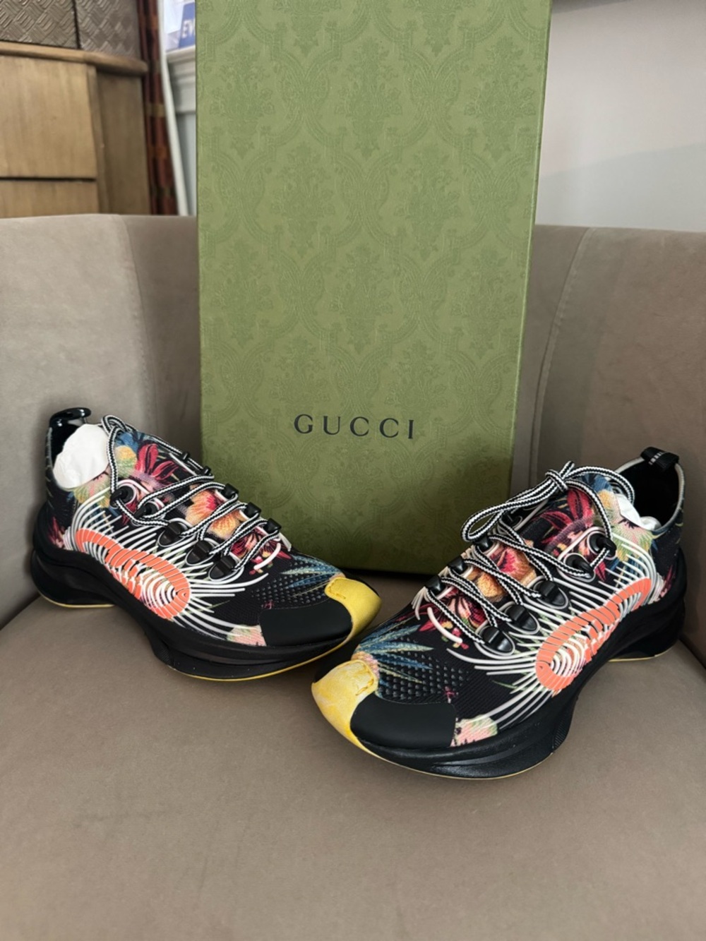 Gucci Black Multicolor Floral Runner Sneakers with Yellow Toe